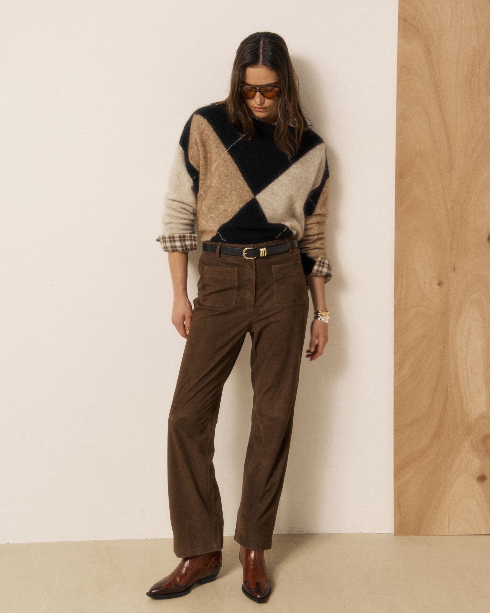 Pantalon Femme en Cuir Suédé Marron Paola