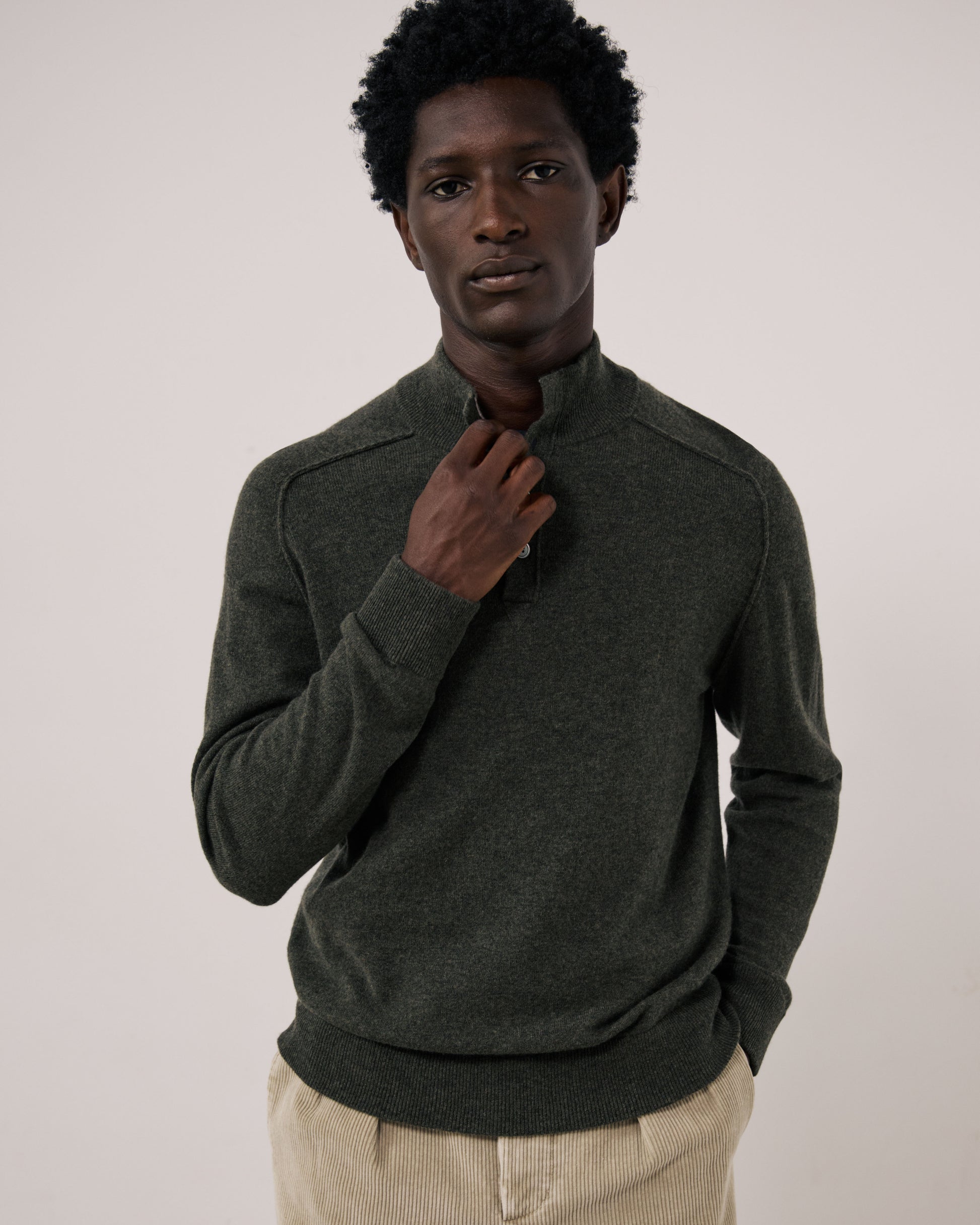 Pull Homme en Laine & Cachemire Vert Militaire Cashmere High Neck