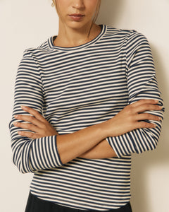 T-shirt Femme en Coton Côtelé à Rayures Ecru & Bleu Marine Taurua