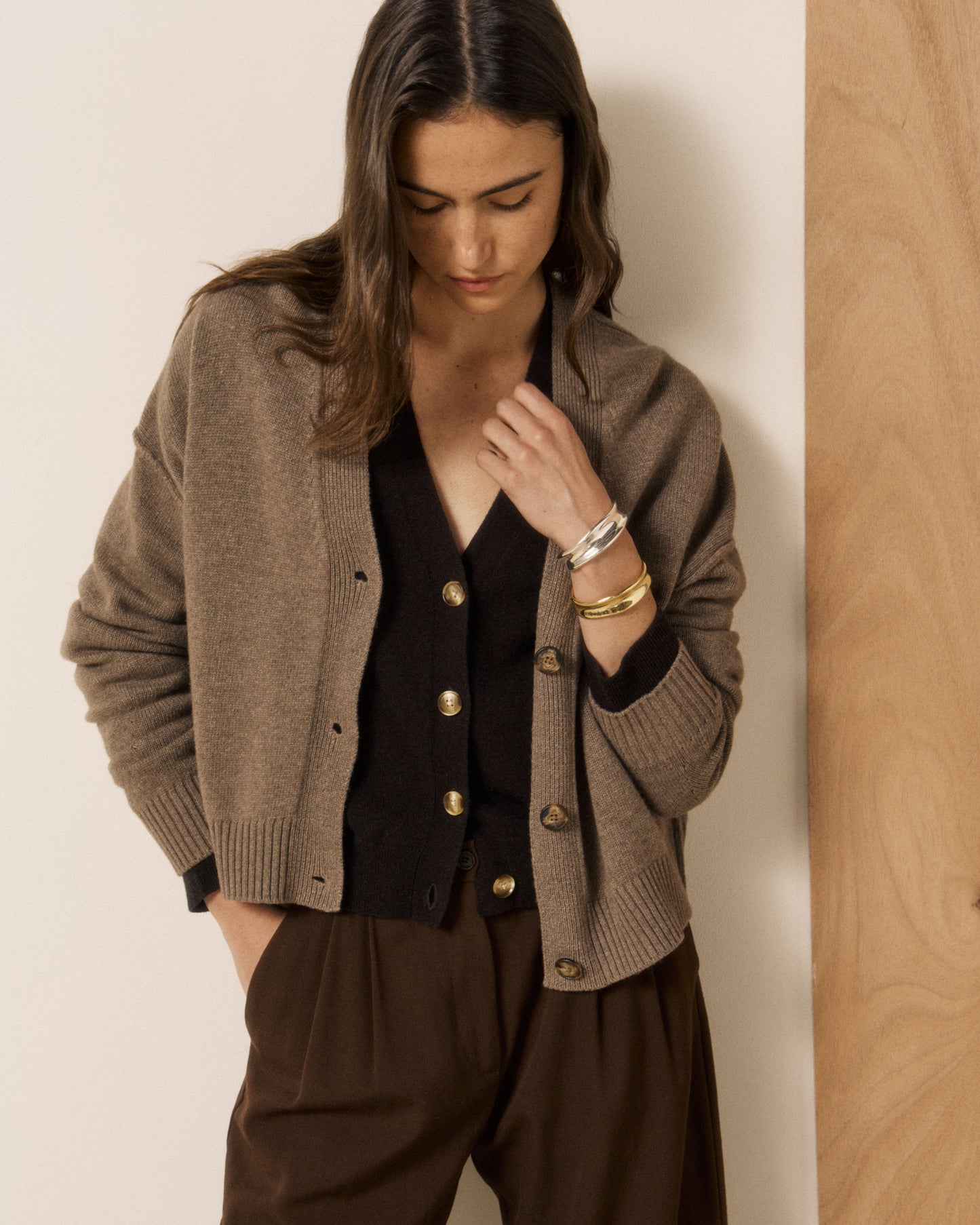 Cardigan Femme en Laine & Cachemire Taupe Mosine