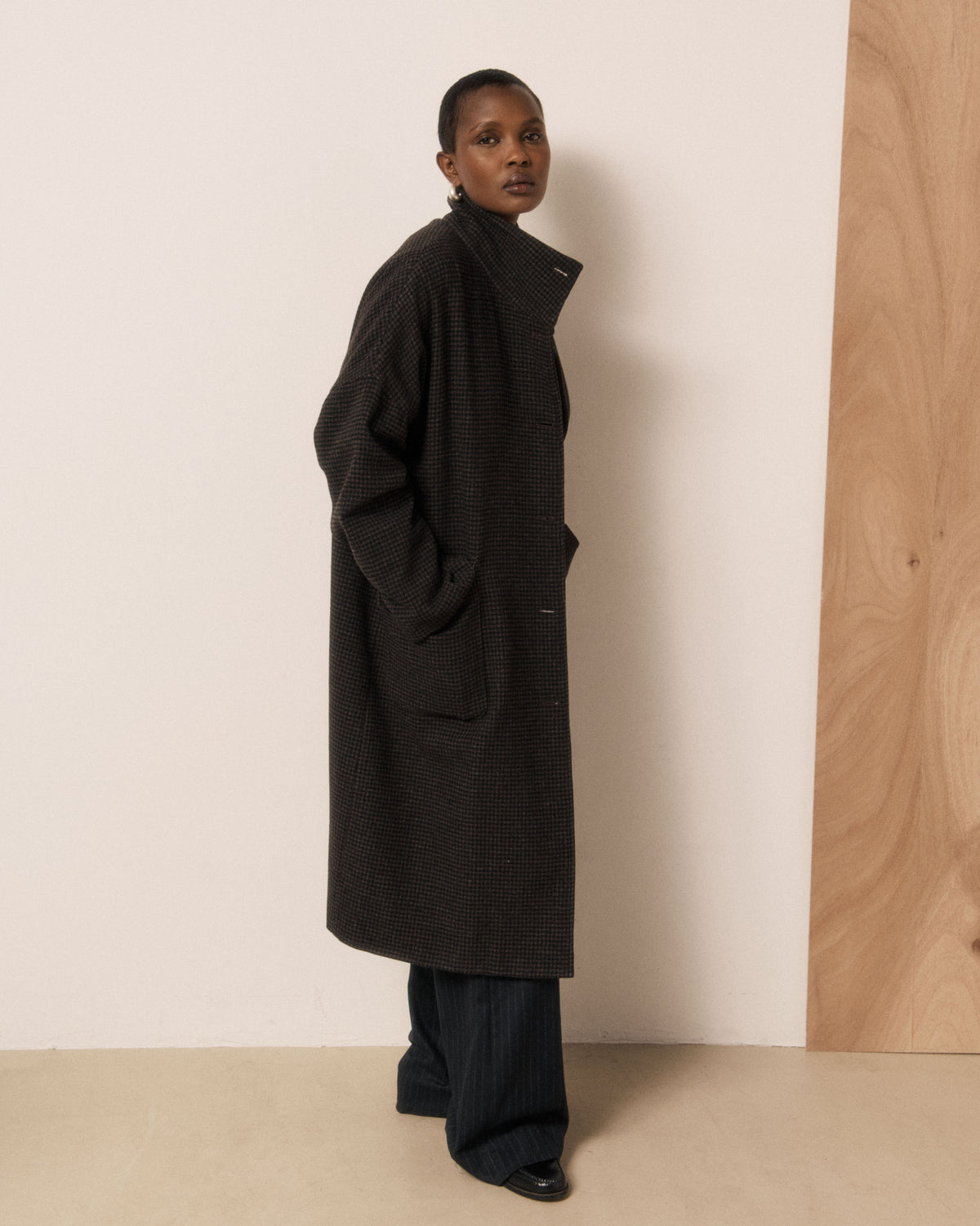 Manteau Femme en Tweed Imprimé Pied-de-poule Marron & Noir Vito