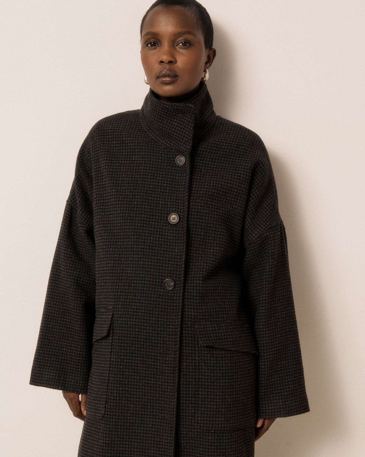 Manteau Femme en Tweed Imprimé Pied-de-poule Marron & Noir Vito