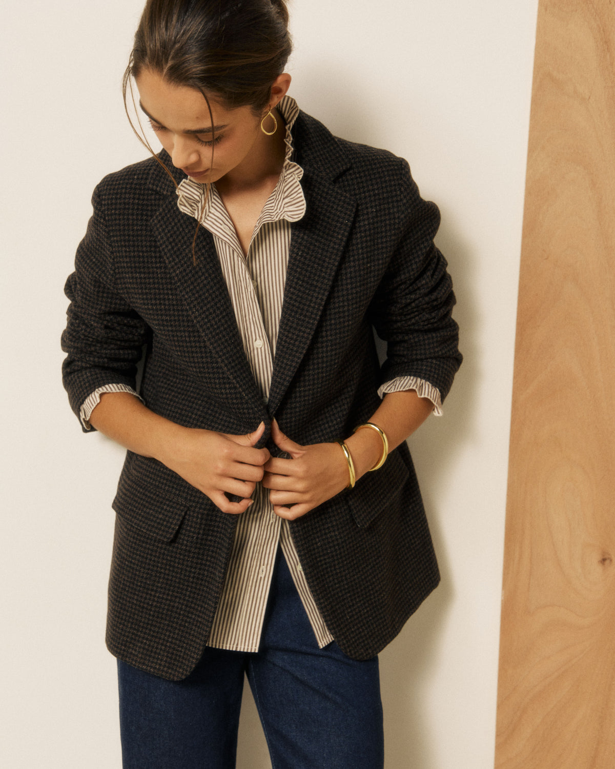 Veste Femme en Tweed Imprimé Pied-de-poule Marron & Noir Vittoria