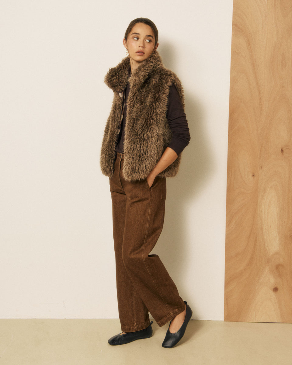 Gilet Femme en Fausse fourrure à poils longs Marron Verso - Image principale