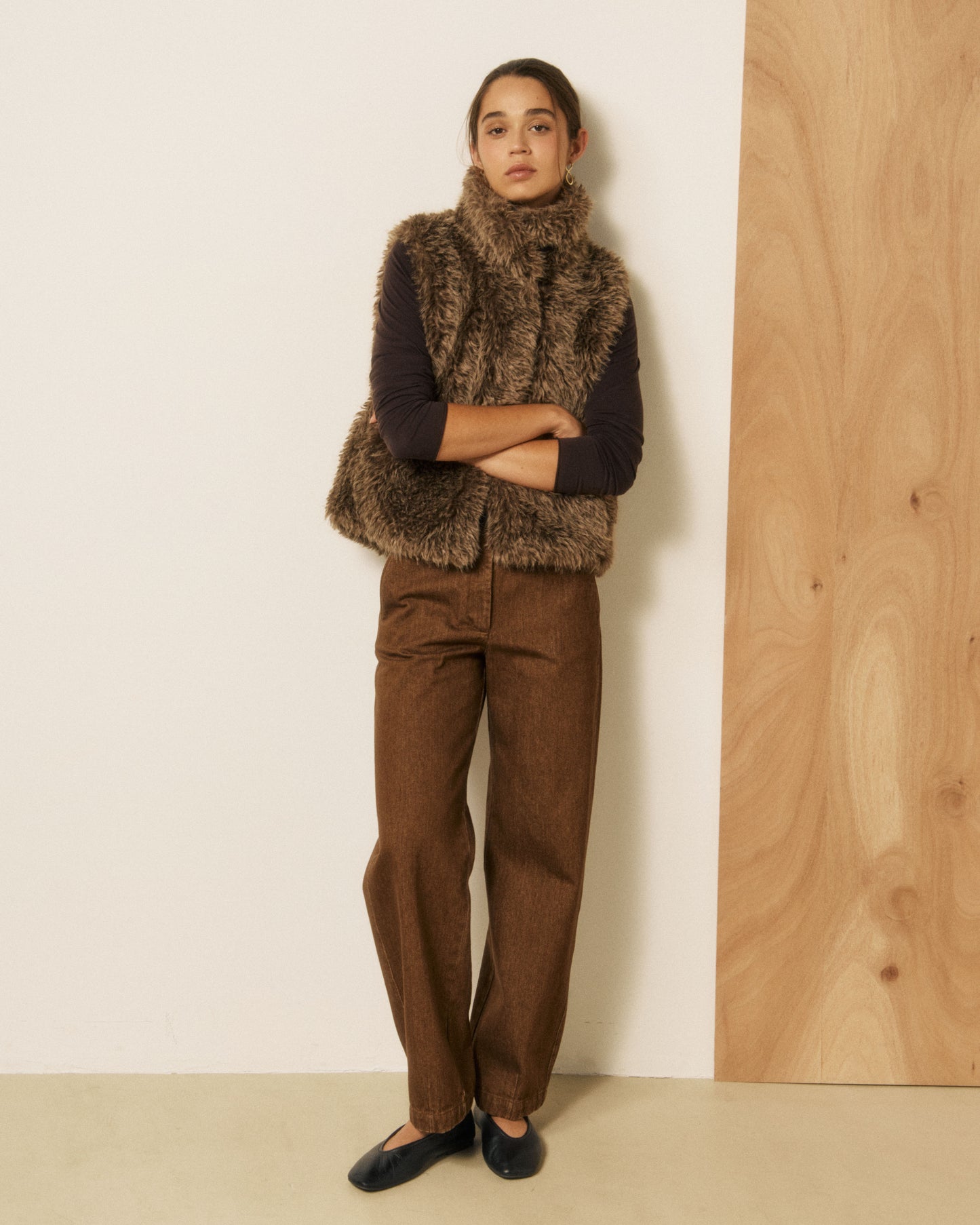 Gilet Femme en Fausse fourrure à poils longs Marron Verso