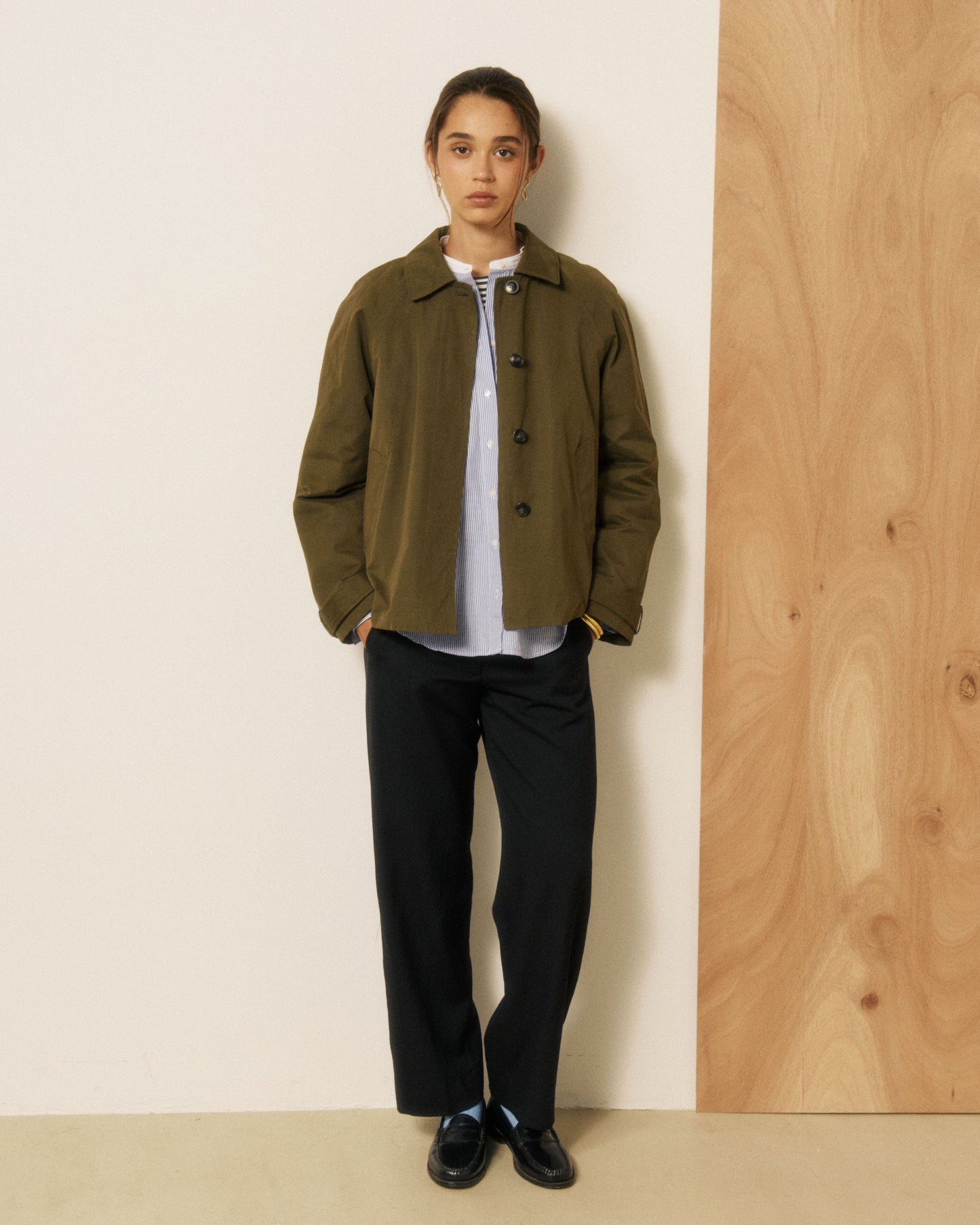 Manteau Femme en Gabardine de Coton Vert Militaire Voltaire