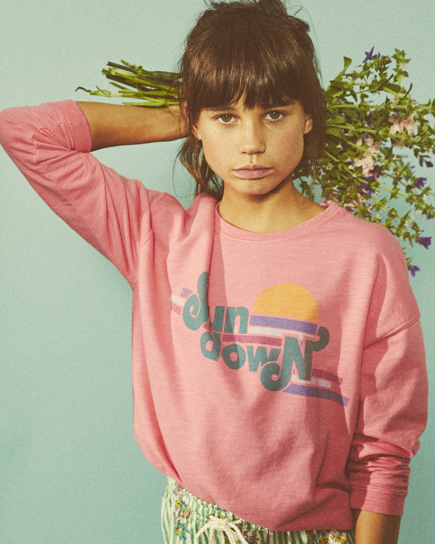 Tarfa Girls' Printed Pink Light Cotton Fleece Sweatshirt