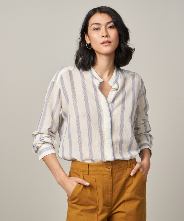 White Camu shirt with blue and tobacco stripes