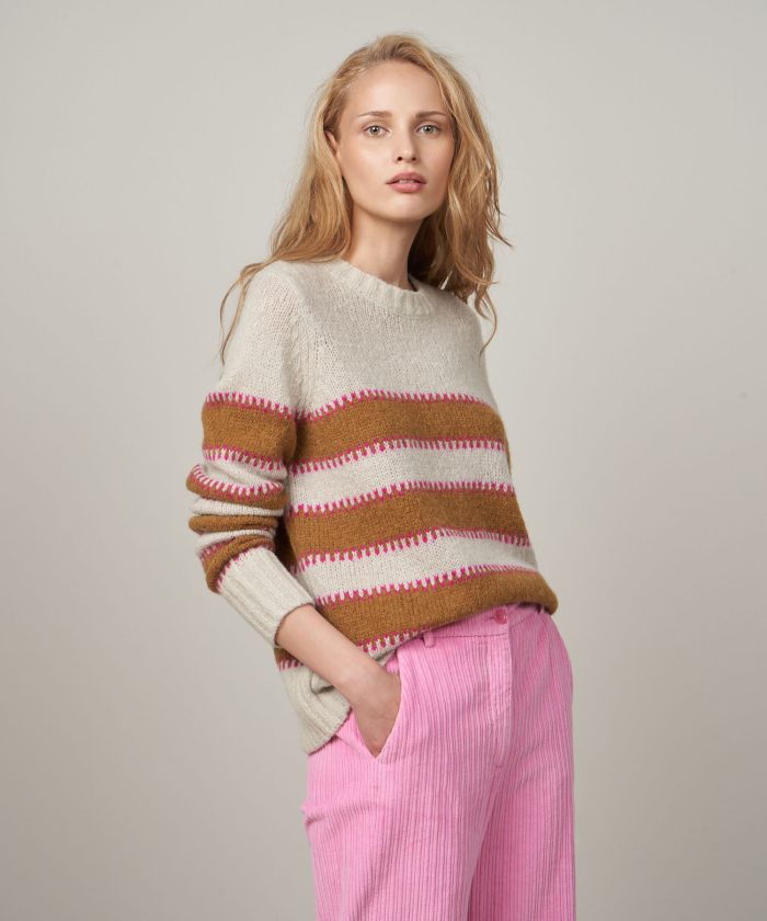 Grey alpaca Marylia sweater with camel and pink stripes