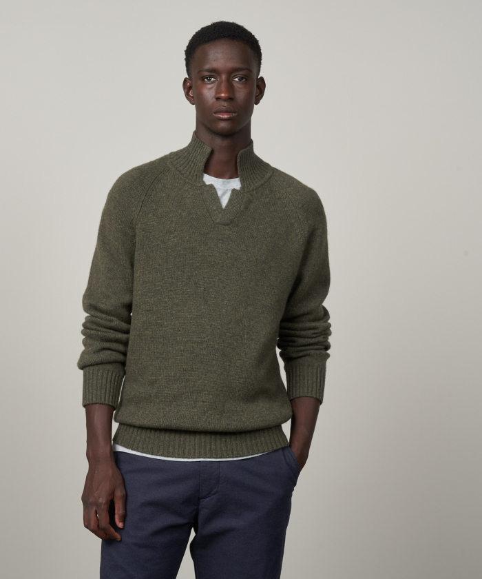 Green wool and cashmere rib open sweater