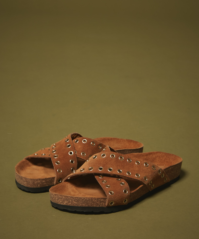 Camel suede leather eyelets sandals