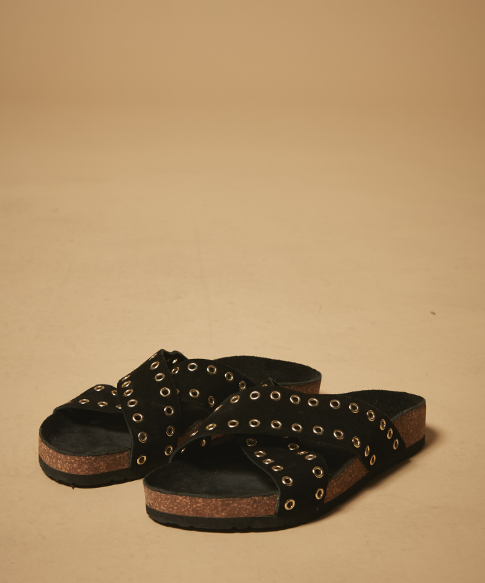 Black suede leather eyelets sandals