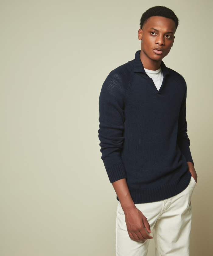 Navy cotton and cashmere polo sweater