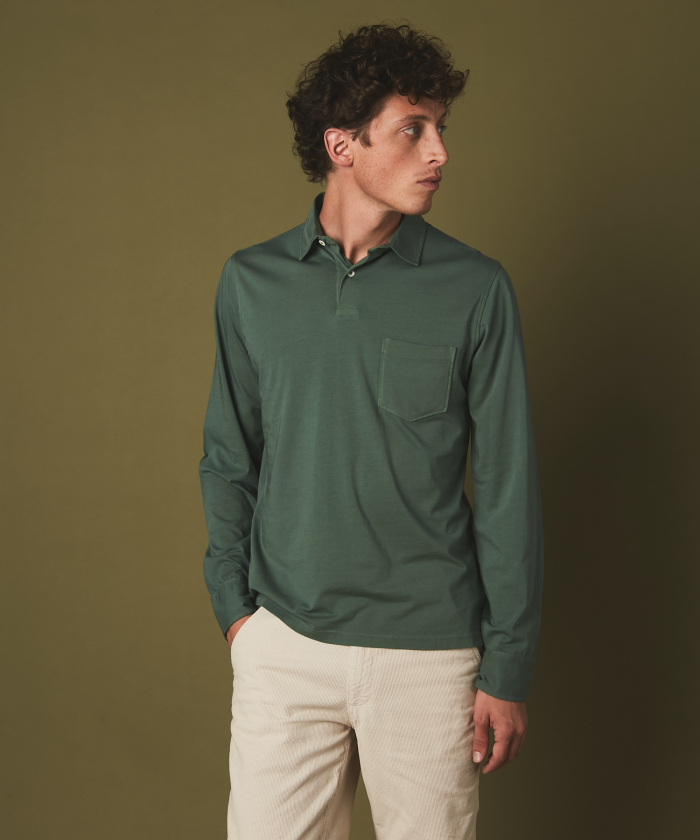 Green cotton jersey long-sleeved polo