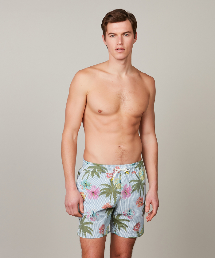 Blue Tropical print seersucker Swim shorts