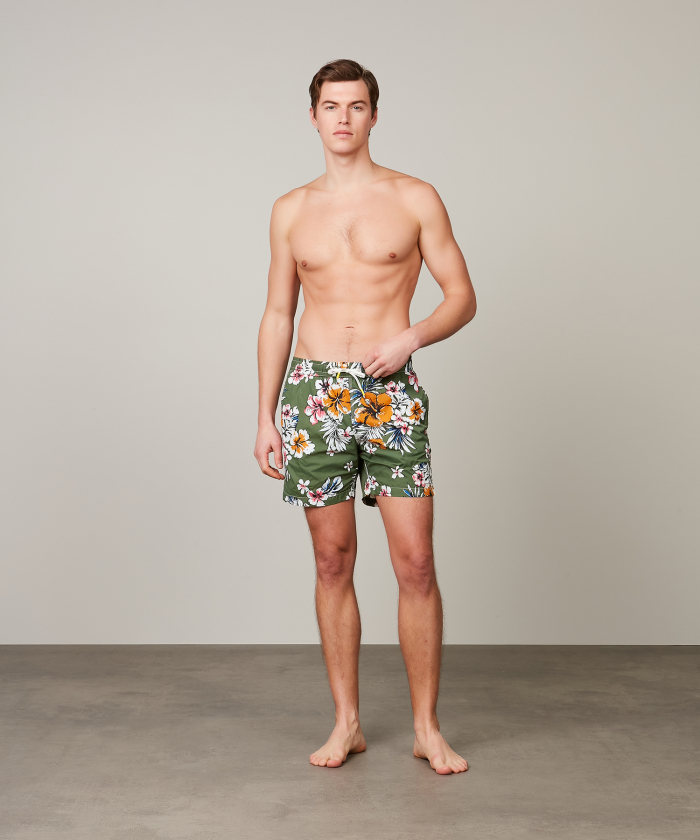 Military green Hawaii print Swim shorts