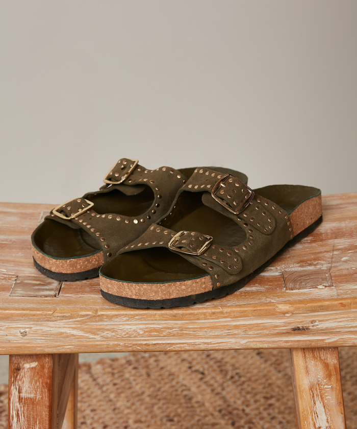 Military Green suede double straps Eugene sandals