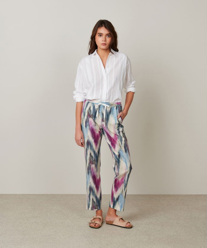 Perline pants in violet and blue ikat printed cotton