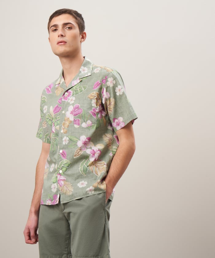 Army green Hawaii print cotton shirt - Palm