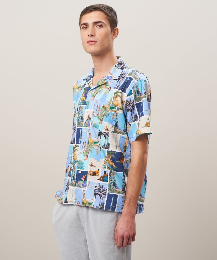 Blue Tahiti print seersucker shirt - Palm
