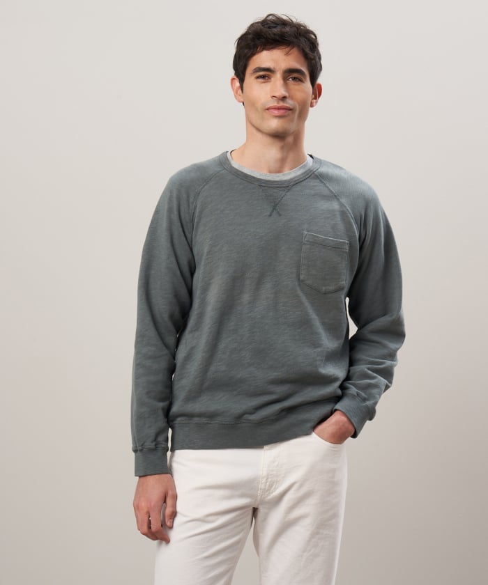 Sweatshirt Light Pocket en coton flammé vert olive
