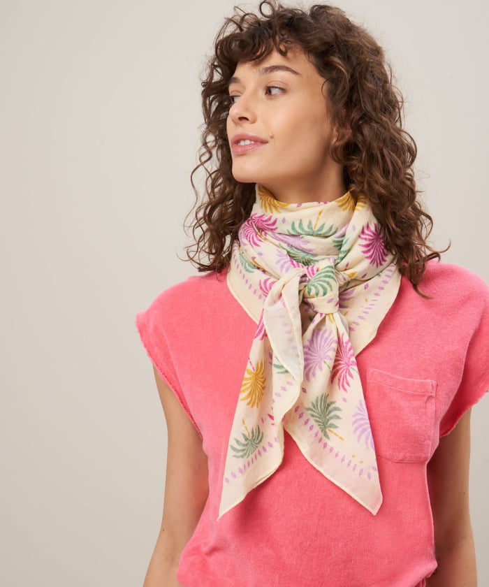 Off-white cotton voile Indian Palms scarf
