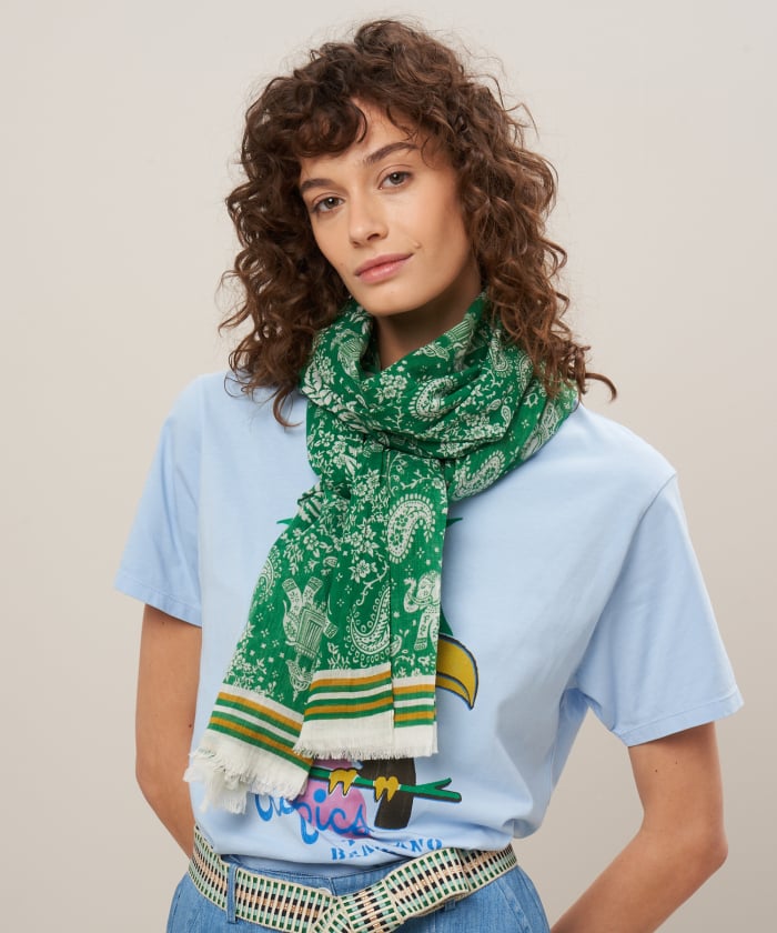 Green cotton voile Elephants scarf
