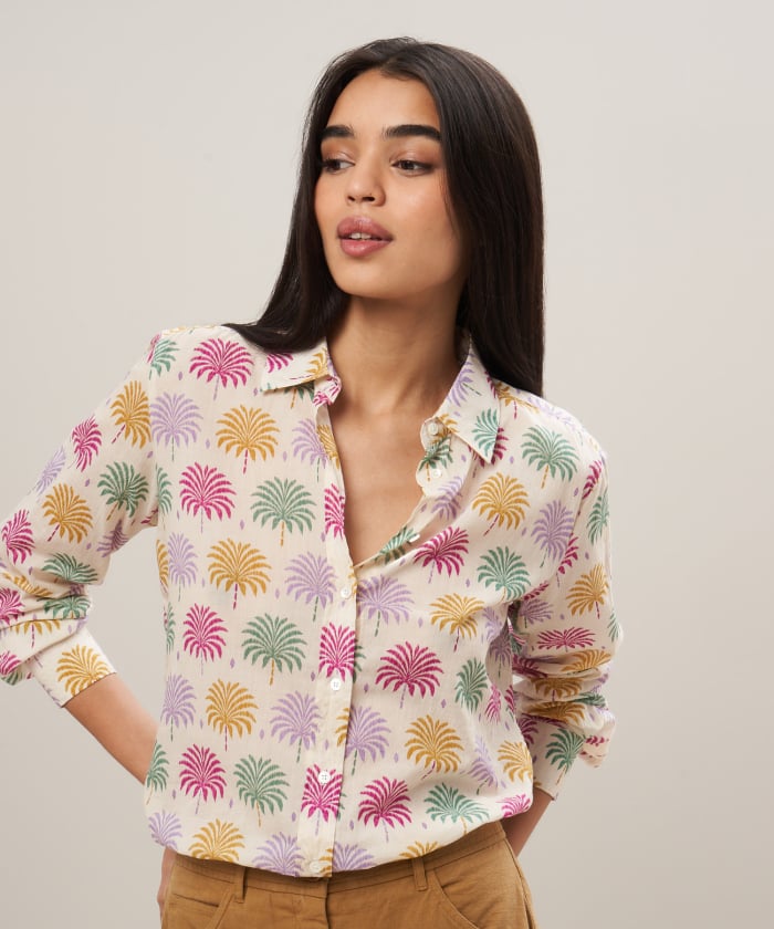 Palm trees printed off-white cotton voile shirt - Coraz