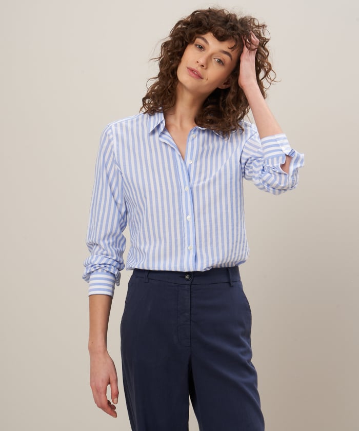 Blue striped end-on-end cotton voile shirt - Coraz