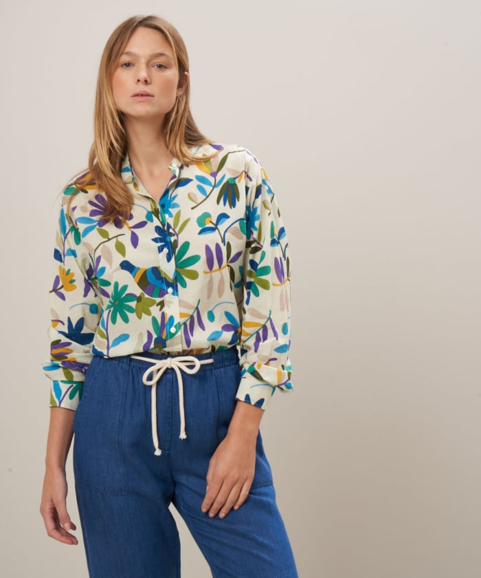 Blue & Purple flowers and birds printed cotton shirt - Crystal