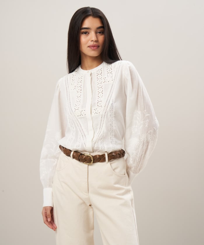 Off-white cotton voile with embroderies and lace shirt - Come