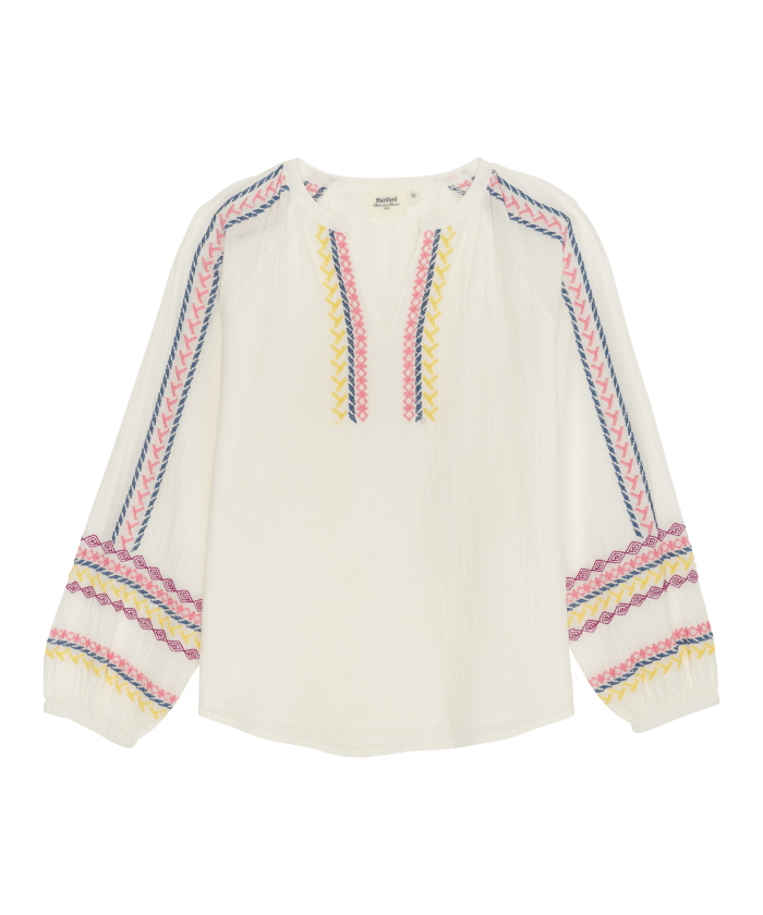 Multicolor embroidered off-white cotton voile girl top - Hirman