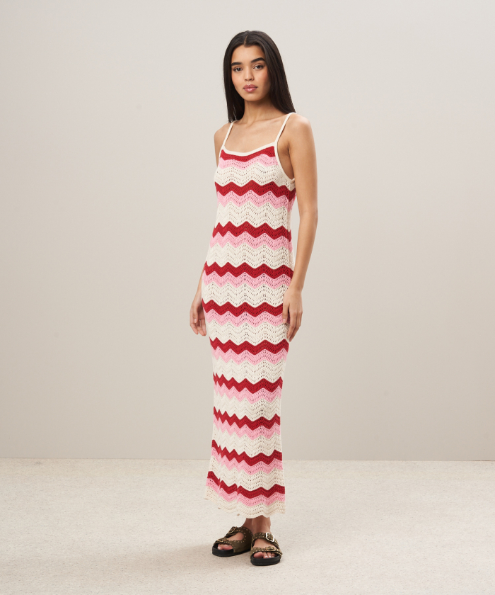 Pink and red striped off-white knitted crochet dress - Musa