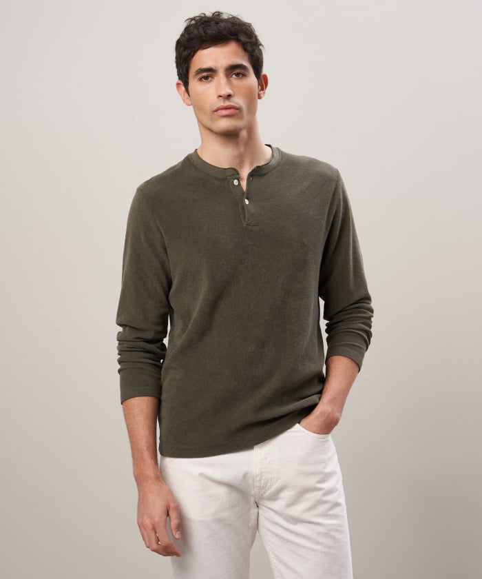 Olive green terry cloth Henley tee shirt