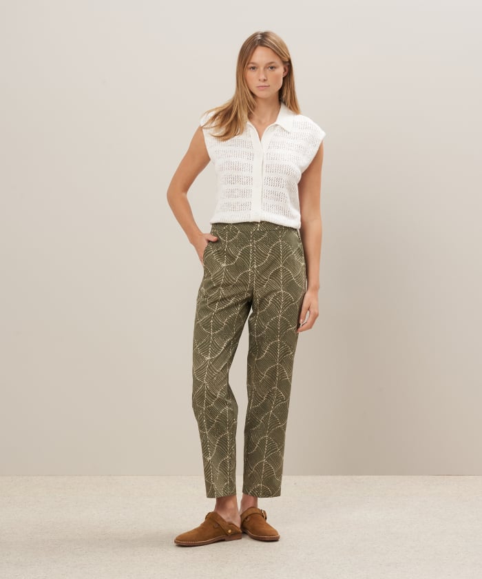 Pantalon en coton imprimé feuilles beige - Pili