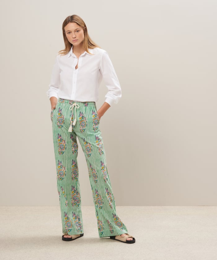 Pantalon en voile de coton imprimé vert - Paula