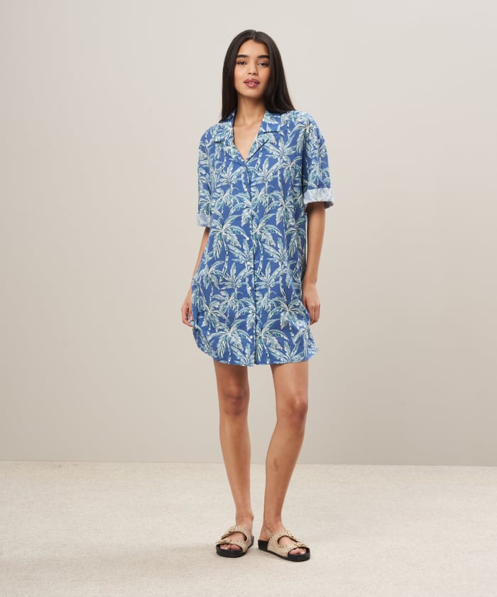 Palm trees printed blue cotton dress - Rafik