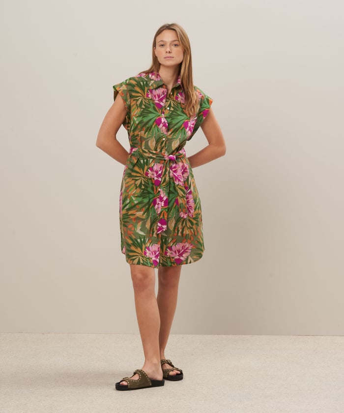 Leaves printed army green cotton dress - Robin