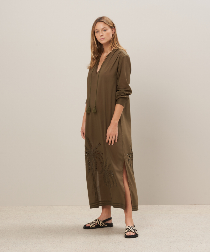 Army green embroidered cotton voile dress - Rosario