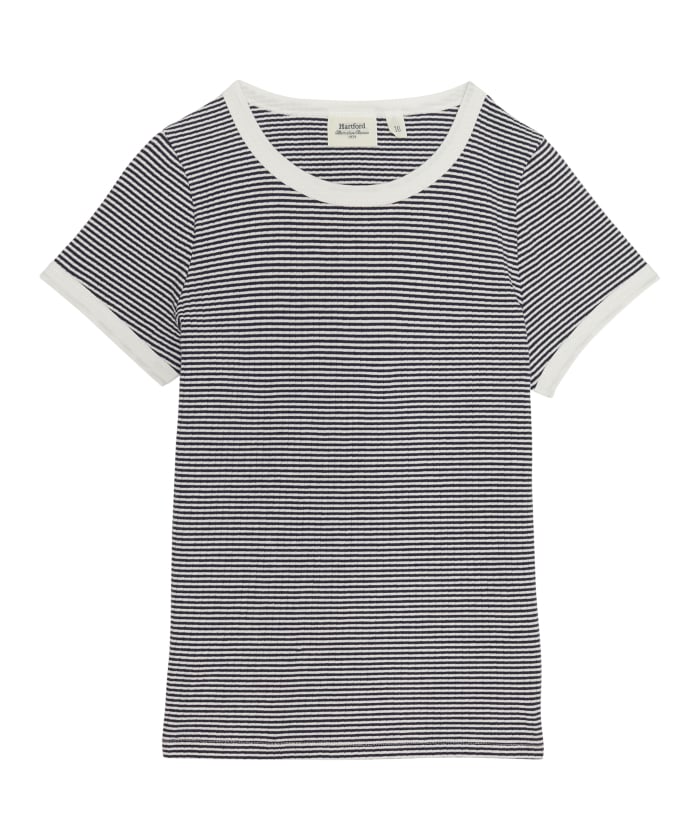Off-white & Navy ribs striped ribbed cotton girl T-shirt - Teina