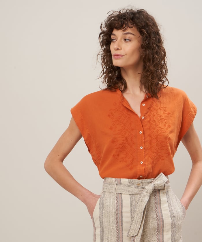 Orange embroidered double fabric cotton shirt - Teary
